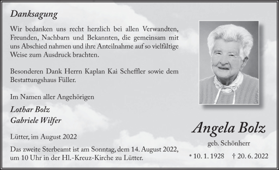 Traueranzeige von Angela Bolz von FZ