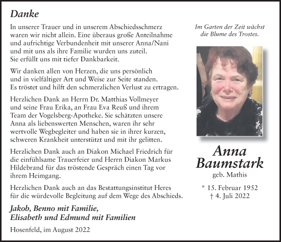 Traueranzeige von Anna Baumstark von FZ