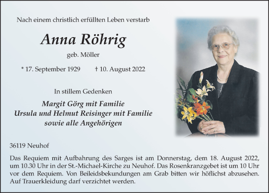 Traueranzeige von Anna Röhrig von FZ