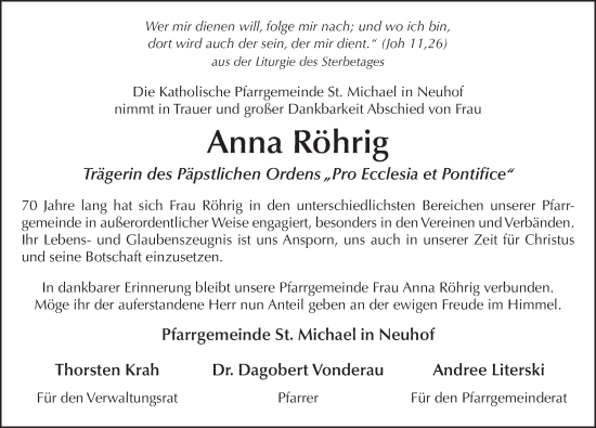Traueranzeige von Anna Röhrig von FZ