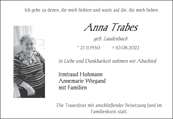 Traueranzeige von Anna Trabes von FZ