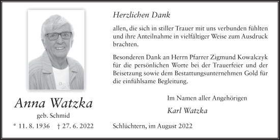 Traueranzeige von Anna Watzka von FZ