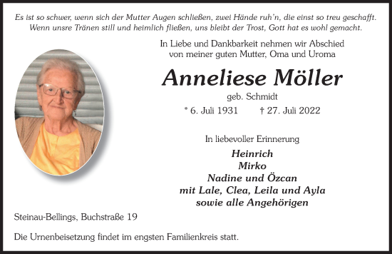 Traueranzeige von Anneliese Möller von FZ