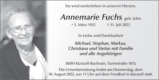 Traueranzeige von Annemarie Fuchs von FZ