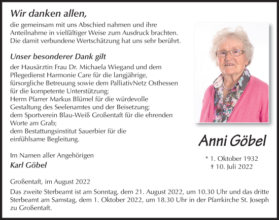 Traueranzeige von Anni Göbel von FZ