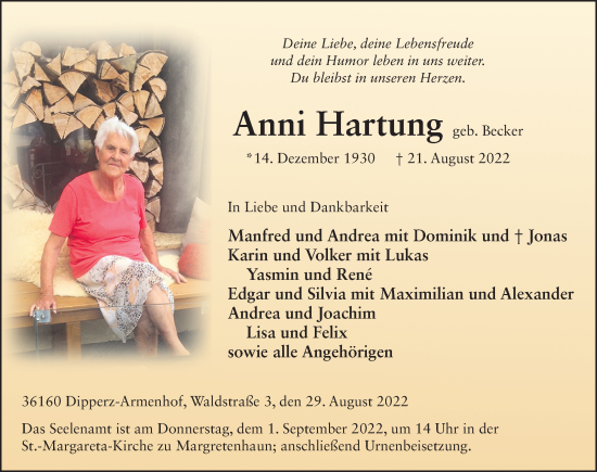 Traueranzeige von Anni Hartung von FZ