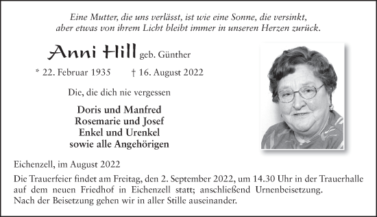 Traueranzeige von Anni Hill von FZ