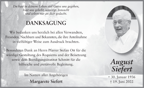 Traueranzeige von August Siefert von FZ