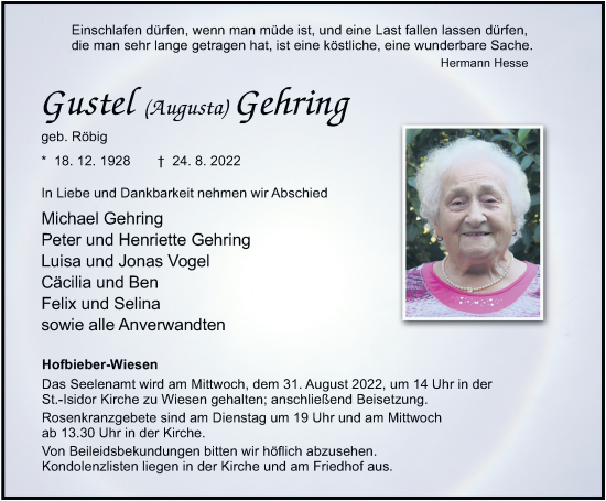 Traueranzeige von Augusta Gehring von FZ