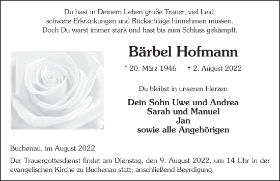 Traueranzeige von Bärbel Hofmann von FZ