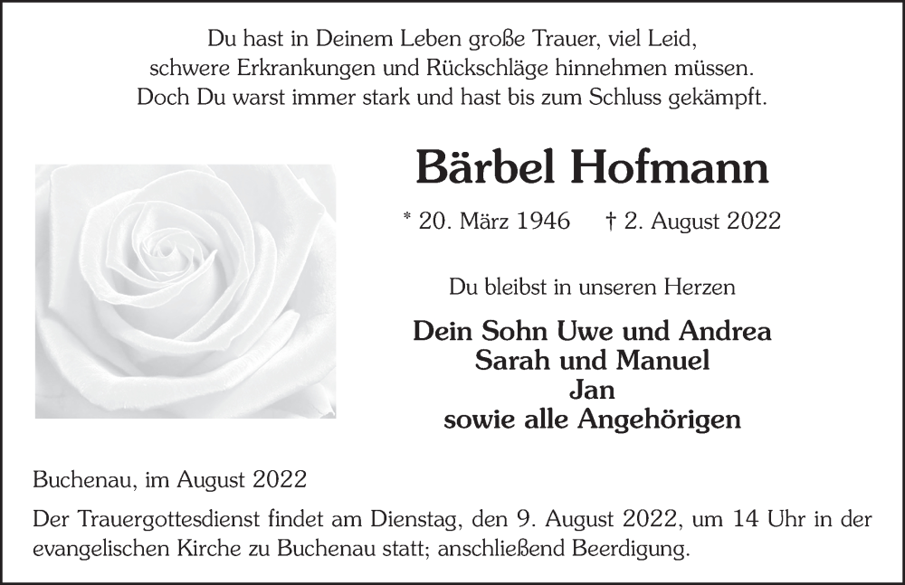  Traueranzeige für Bärbel Hofmann vom 06.08.2022 aus FZ
