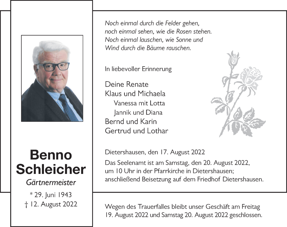  Traueranzeige für Benno Schleicher vom 17.08.2022 aus FZ