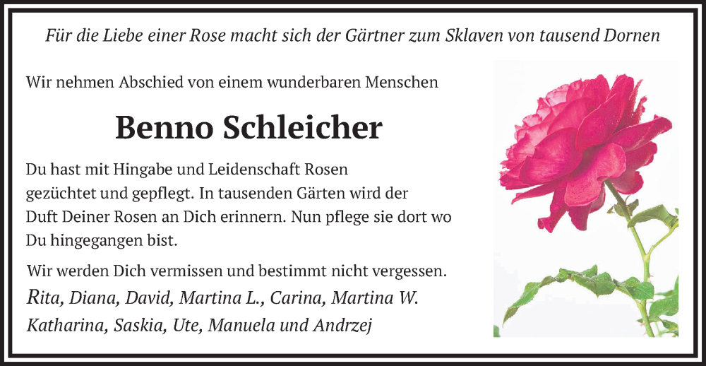  Traueranzeige für Benno Schleicher vom 17.08.2022 aus FZ