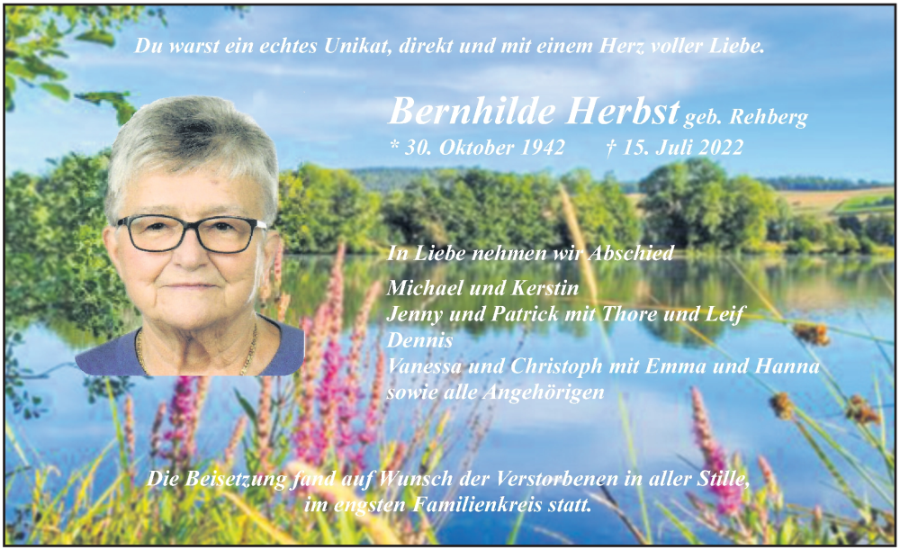  Traueranzeige für Bernhilde Herbst vom 10.08.2022 aus FZ