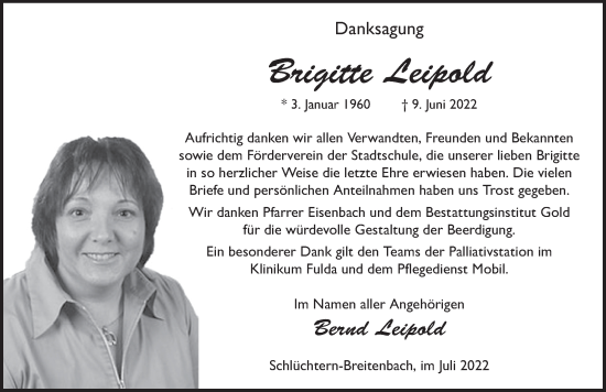 Traueranzeige von Brigitte Leipold von FZ