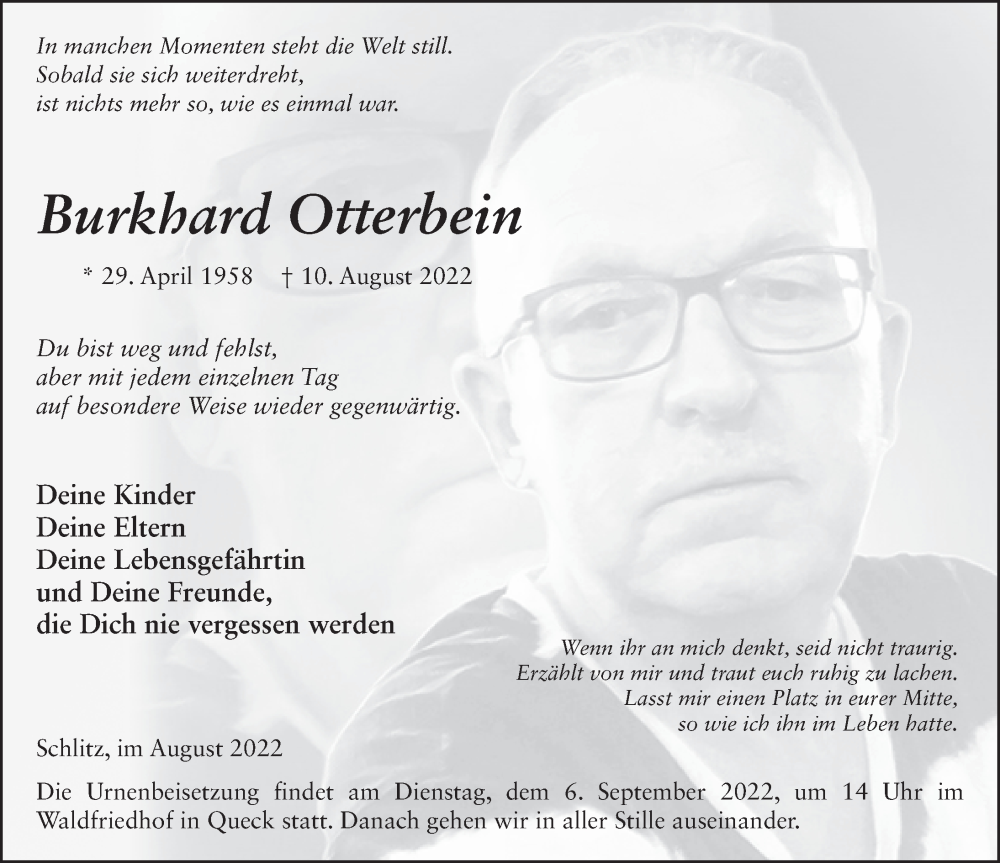  Traueranzeige für Burkhard Otterbein vom 26.08.2022 aus FZ