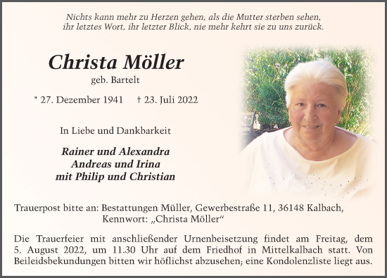 Traueranzeige von Christa Möller von FZ
