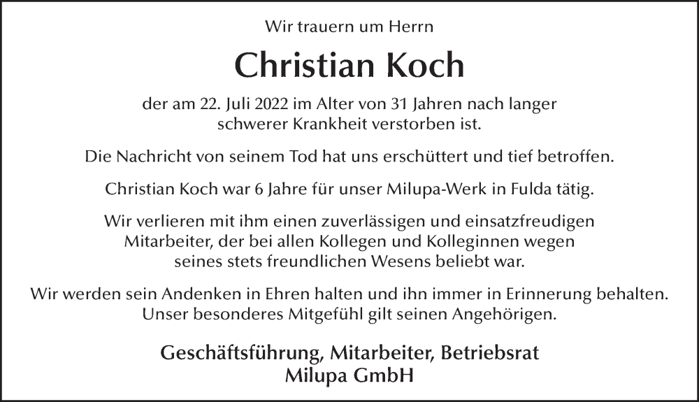  Traueranzeige für Christian Koch vom 02.08.2022 aus FZ