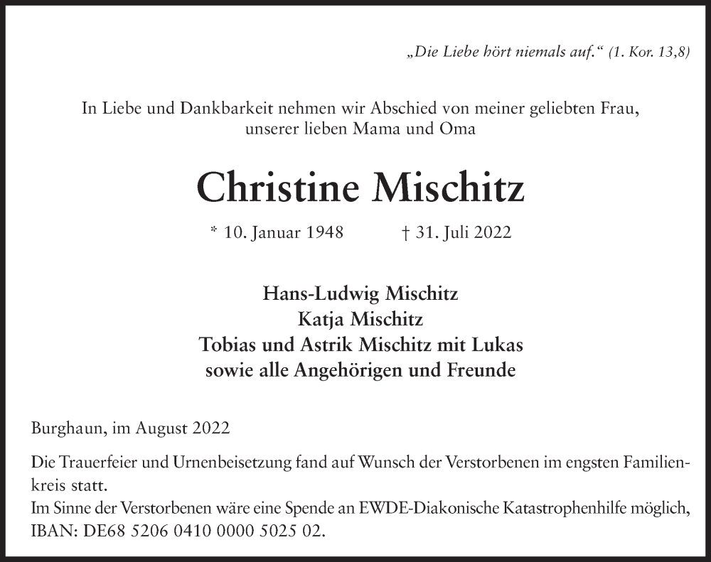  Traueranzeige für Christine Mischitz vom 10.08.2022 aus FZ
