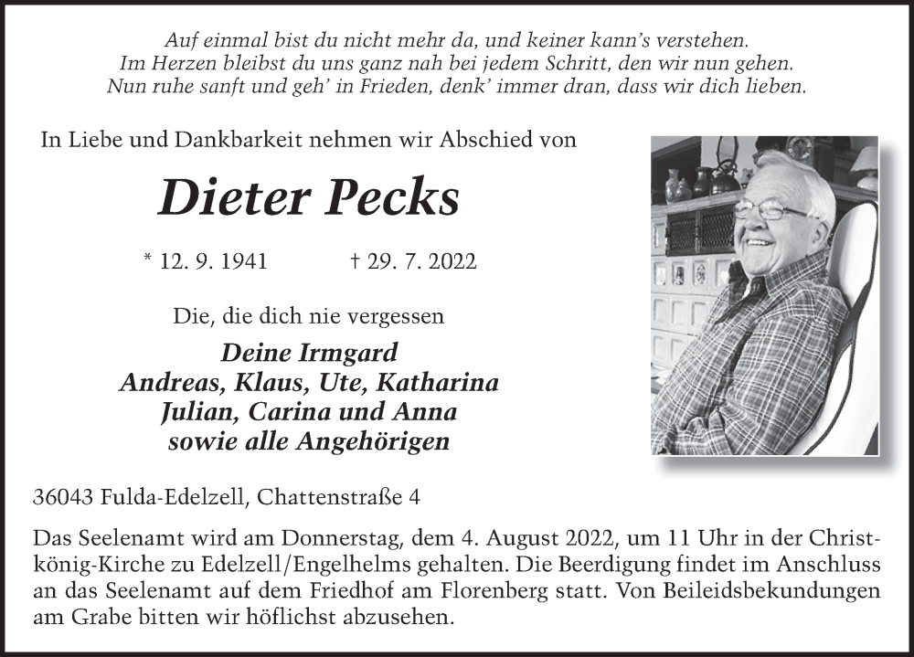  Traueranzeige für Dieter Pecks vom 02.08.2022 aus FZ