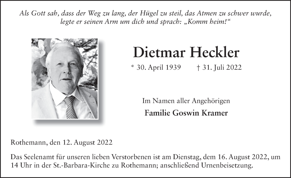  Traueranzeige für Dietmar Heckler vom 12.08.2022 aus FZ
