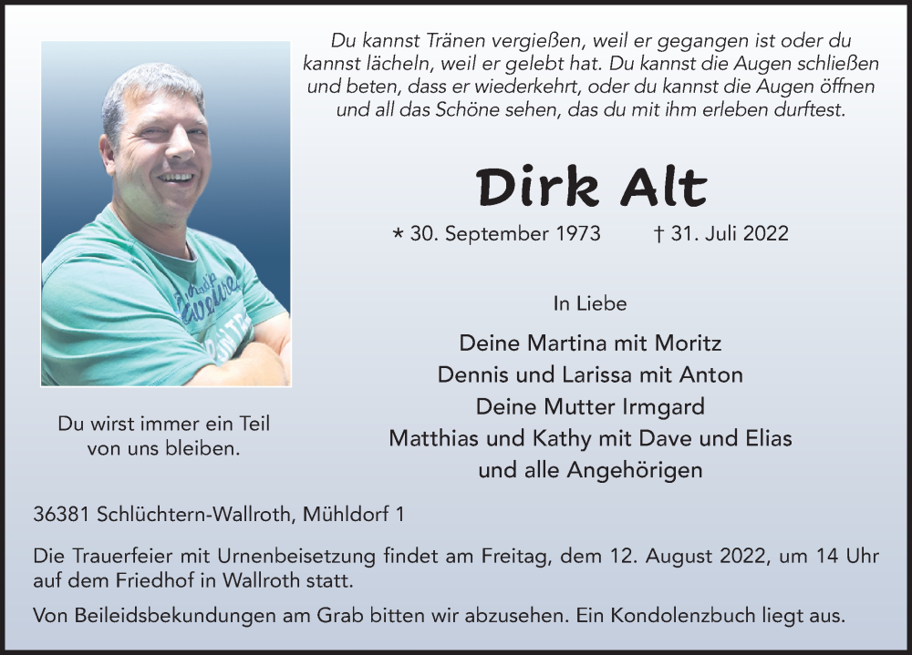  Traueranzeige für Dirk Alt vom 11.08.2022 aus FZ