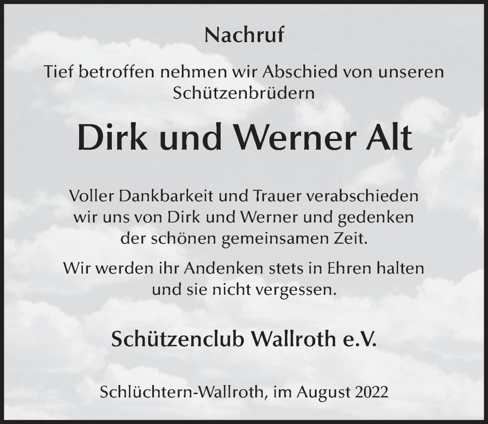  Traueranzeige für Dirk Alt vom 11.08.2022 aus FZ