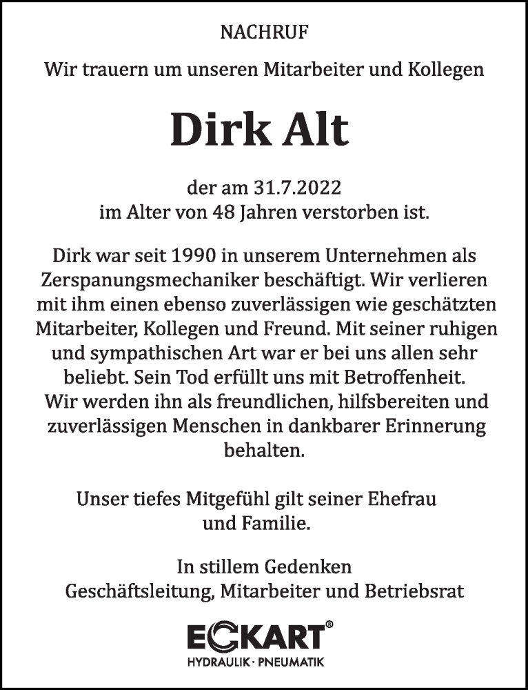  Traueranzeige für Dirk Alt vom 11.08.2022 aus FZ