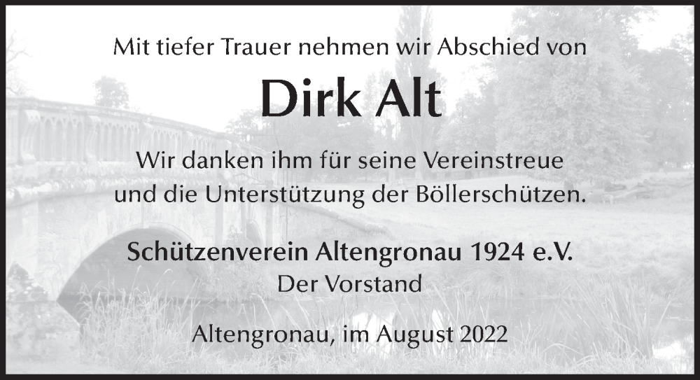  Traueranzeige für Dirk Alt vom 08.08.2022 aus FZ