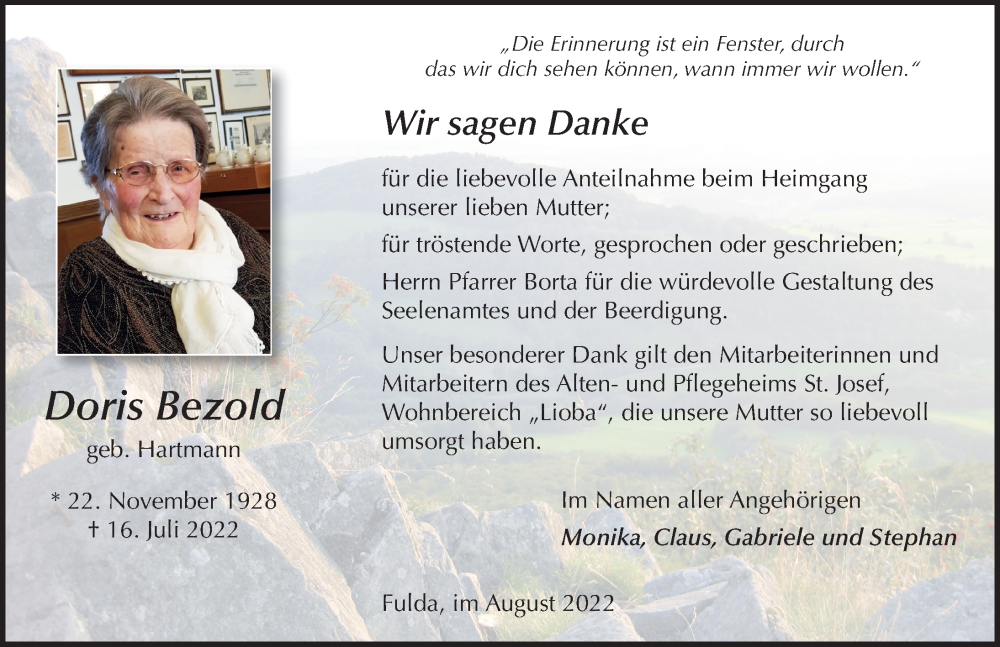  Traueranzeige für Doris Bezold vom 13.08.2022 aus FZ