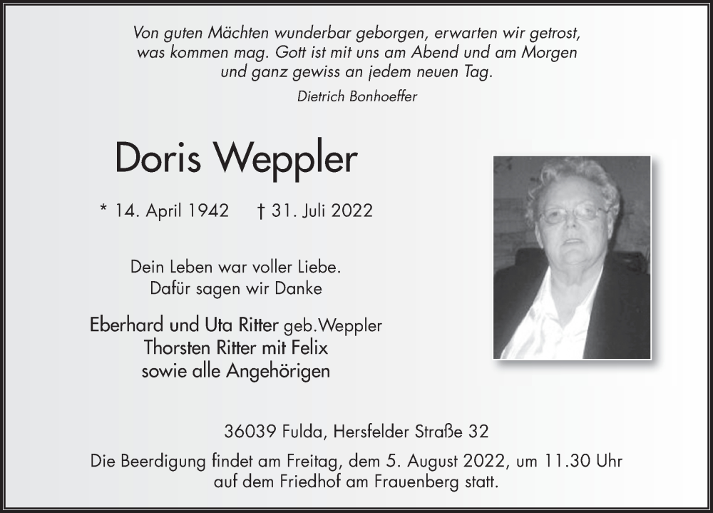 Traueranzeige für Doris Weppler vom 03.08.2022 aus FZ