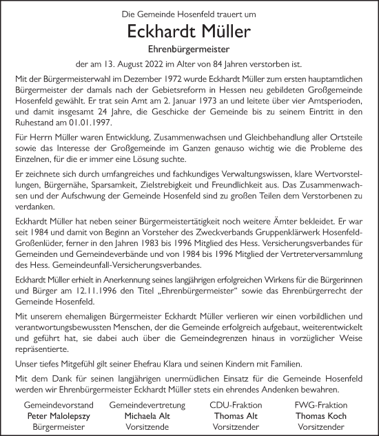 Traueranzeige von Eckhardt Müller von FZ