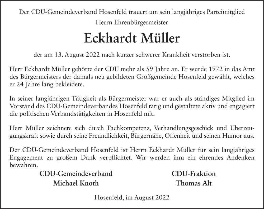  Traueranzeige für Eckhardt Müller vom 29.08.2022 aus FZ