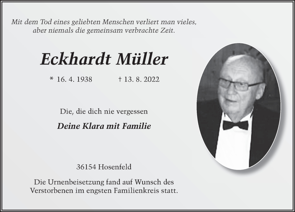  Traueranzeige für Eckhardt Müller vom 29.08.2022 aus FZ