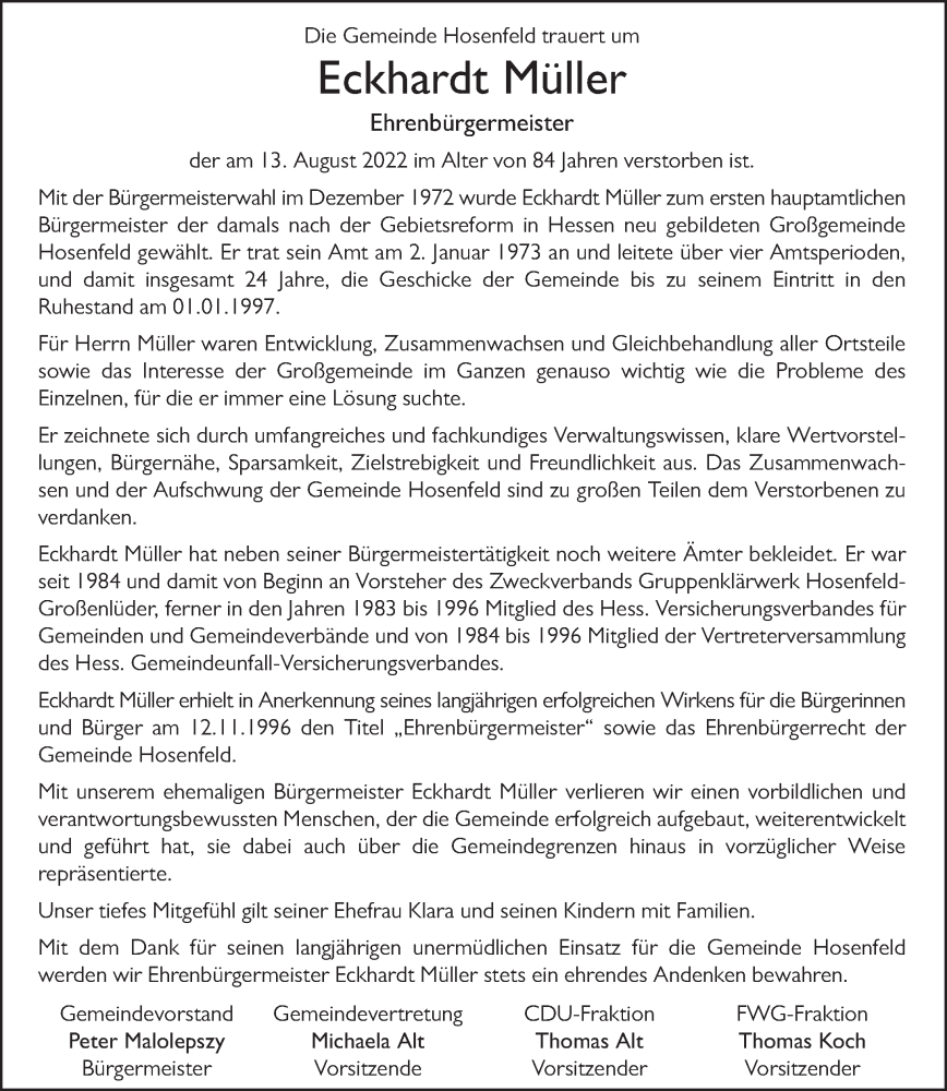  Traueranzeige für Eckhardt Müller vom 29.08.2022 aus FZ