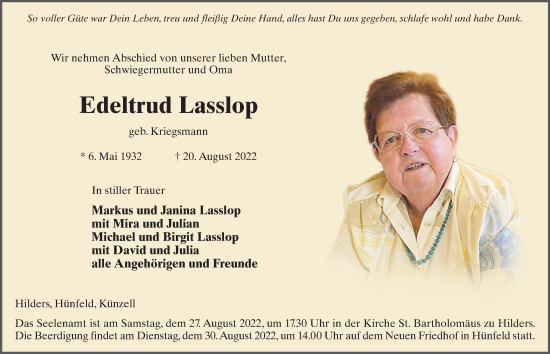 Traueranzeige von Edeltrud Lasslop von FZ