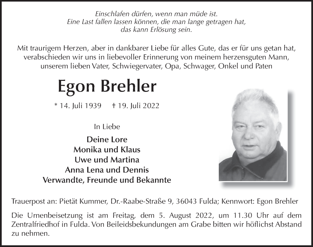  Traueranzeige für Egon Brehler vom 01.08.2022 aus FZ