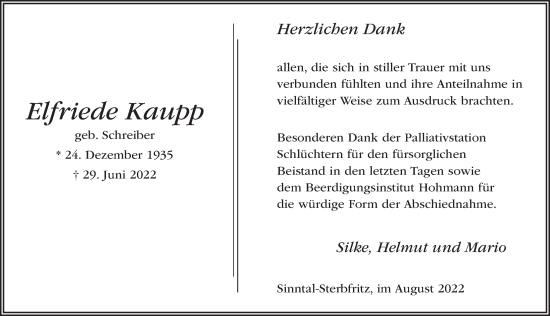 Traueranzeige von Elfriede Kaupp von FZ