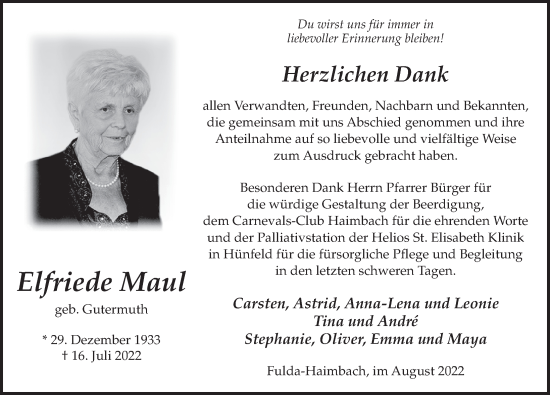 Traueranzeige von Elfriede Maul von FZ