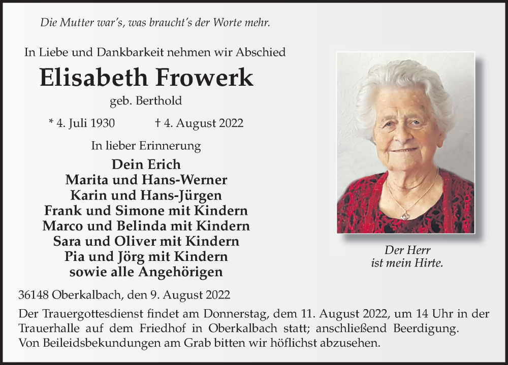  Traueranzeige für Elisabeth Frowerk vom 09.08.2022 aus FZ