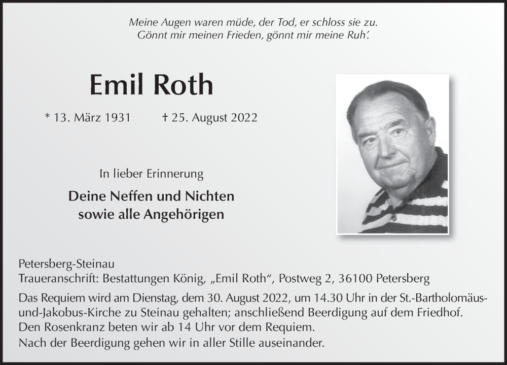  Traueranzeige für Emil Roth vom 29.08.2022 aus FZ
