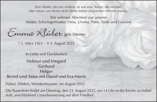 Traueranzeige von Emma Klüber von FZ