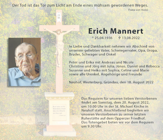 Traueranzeige von Erich Mannert von FZ