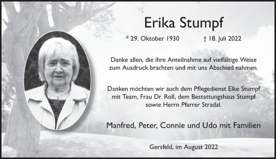 Traueranzeige von Erika Stumpf von FZ