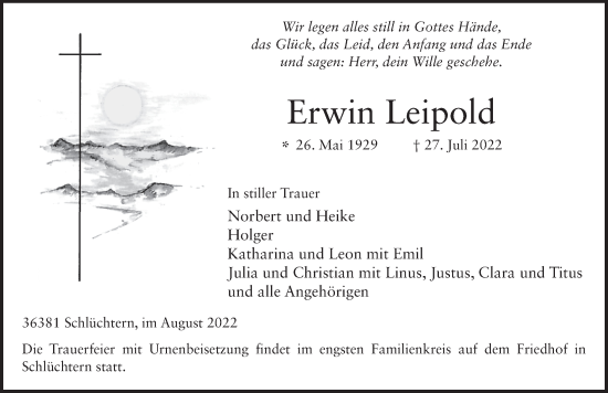 Traueranzeige von Erwin Leipold von FZ