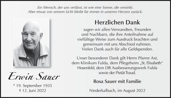 Traueranzeige von Erwin Sauer von FZ