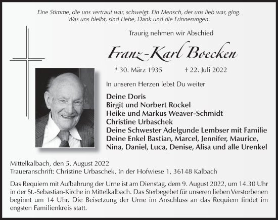 Traueranzeige von Franz-Karl Boecken von FZ