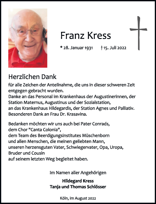 Traueranzeige von Franz Kress von FZ