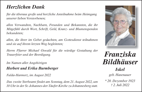 Traueranzeige von Franziska Bildhäuser von FZ