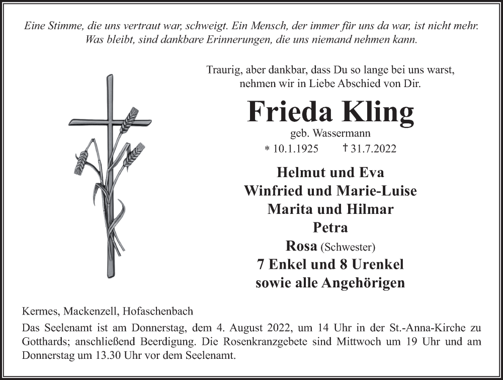  Traueranzeige für Frieda Kling vom 02.08.2022 aus FZ